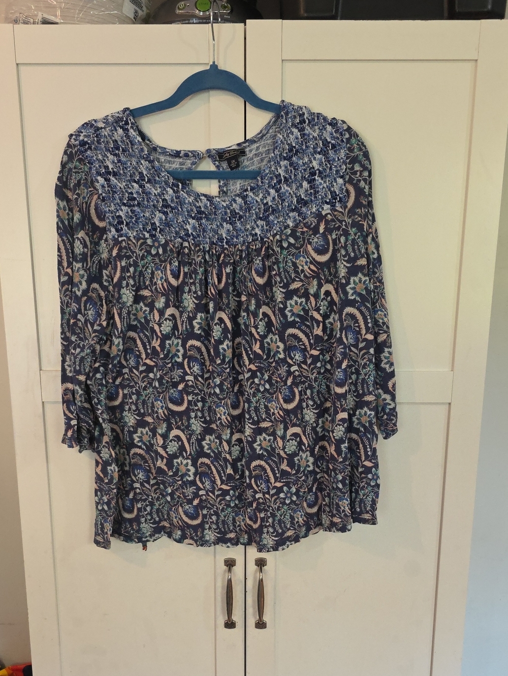 Lucky Brand Navy and Light Blue Paisley Smocked Yoke Tunic